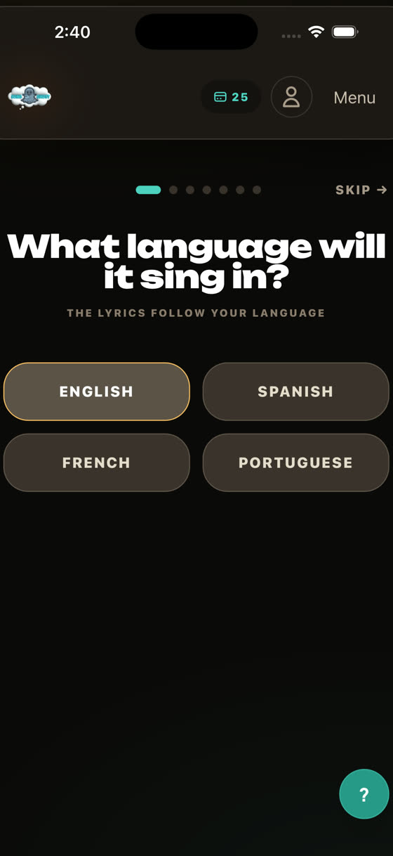 “What language will it sing in?” with English, Spanish, French and Portuguese.