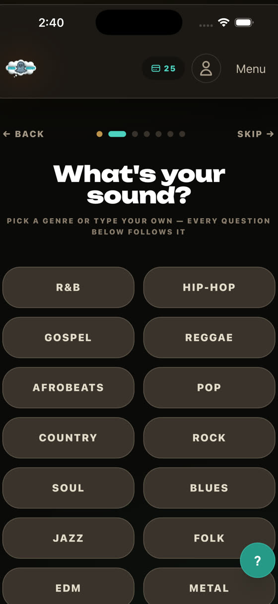“What's your sound?” listing R&B, Hip-Hop, Gospel, Reggae, Afrobeats, Pop, Country, Rock, Soul, Blues, Jazz, Folk, EDM and Metal.