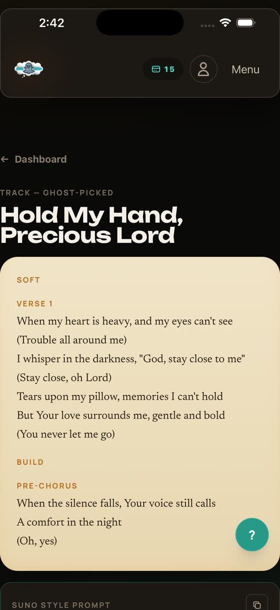 A finished song titled “Hold My Hand, Precious Lord”, laid out with Verse, Build and Pre-Chorus labels and ad-libs in brackets.
