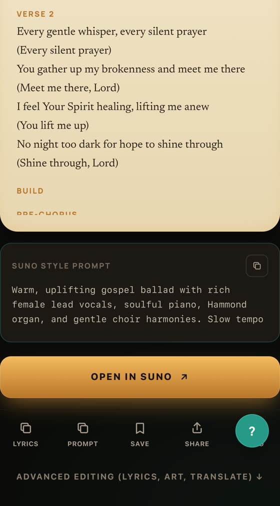 A generated Suno style prompt describing a warm gospel ballad, above an “Open in Suno” button.